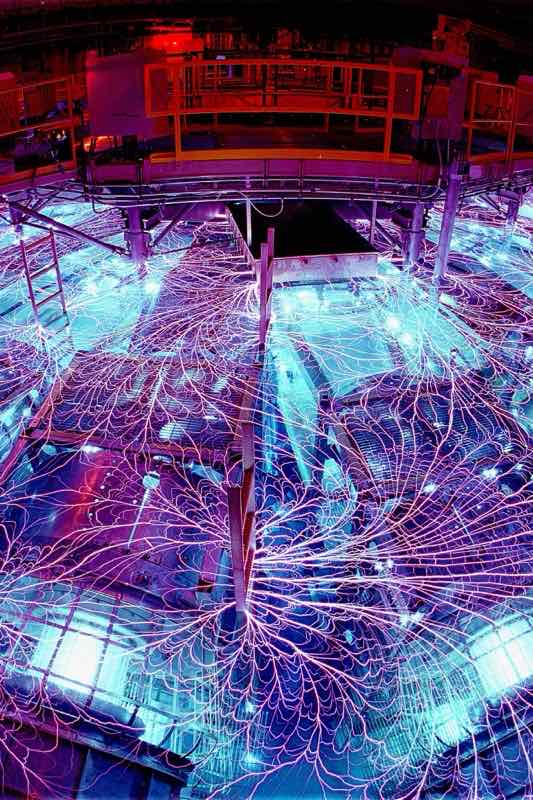 Branching electrical discharge arcs firing across Sandia National Laboratories' Z Machine, the world's most powerful pulsed-power device, in Albuquerque, New Mexico