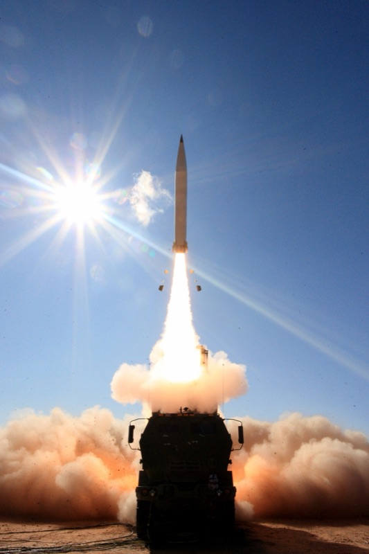A Precision Strike Missile launches from a HIMARS vehicle at White Sands Missile Range, New Mexico