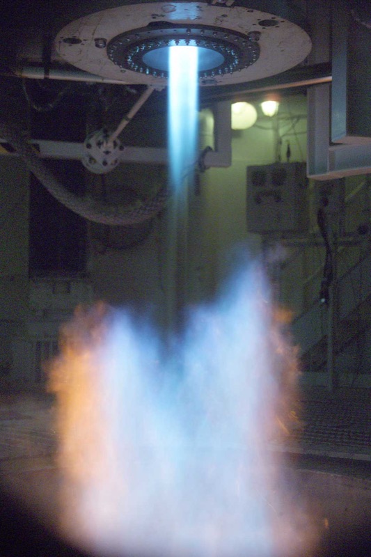 A rocket engine firing during a propulsion test at NASA's White Sands Test Facility, New Mexico